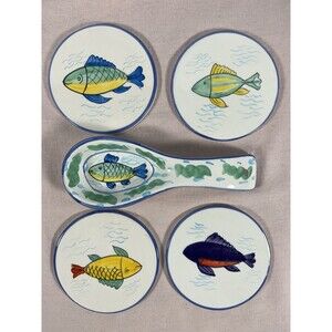 Ceramic - SPOON REST With FISH And 4 Matching Coasters.